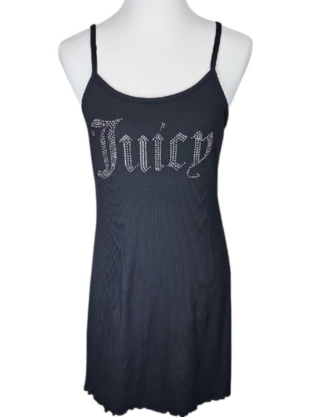 Juicy Couture Rhinestone Logo Ribbed Slip Mini Dress M Y2K Coquette Sleepwear